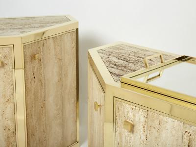  Cittone Oggi Pair of Alfredo Freda brass and travertine cabinets buffets 1975