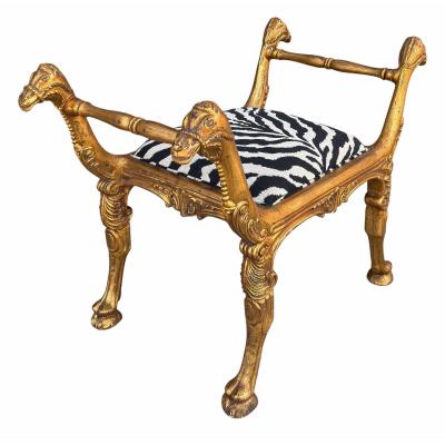  Clarence House Antique Regency Giltwood Camel Head Bench With Clarence House Zebra Seat