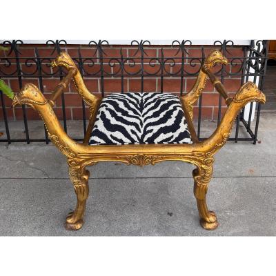 Clarence House Antique Regency Giltwood Camel Head Bench With Clarence House Zebra Seat
