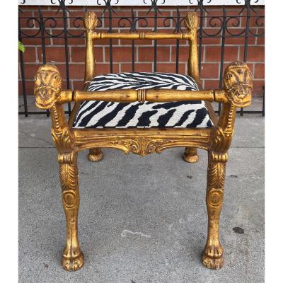 Clarence House Antique Regency Giltwood Camel Head Bench With Clarence House Zebra Seat