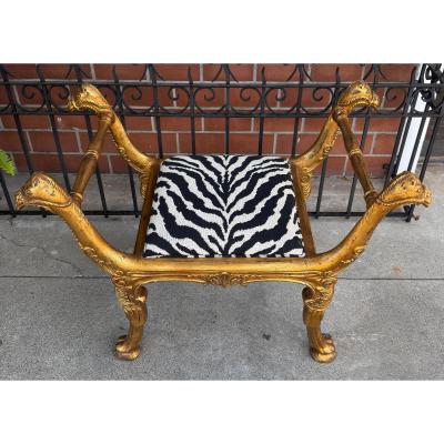  Clarence House Antique Regency Giltwood Camel Head Bench With Clarence House Zebra Seat