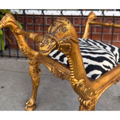  Clarence House Antique Regency Giltwood Camel Head Bench With Clarence House Zebra Seat