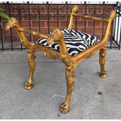  Clarence House Antique Regency Giltwood Camel Head Bench With Clarence House Zebra Seat