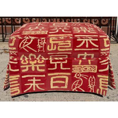  Clarence House Clarence House Kanji Red Chinoiserie Cut Velvet Ottoman