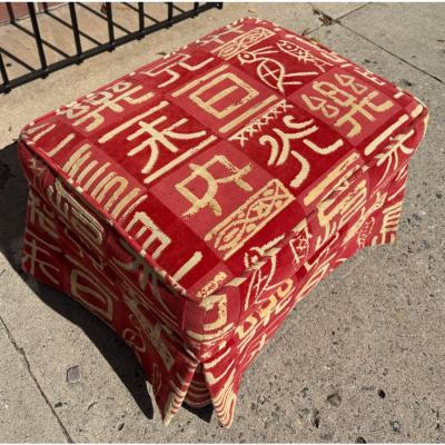  Clarence House Clarence House Kanji Red Chinoiserie Cut Velvet Ottoman