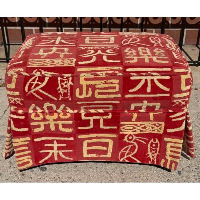  Clarence House Clarence House Kanji Red Chinoiserie Cut Velvet Ottoman