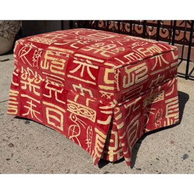  Clarence House Clarence House Kanji Red Chinoiserie Cut Velvet Ottoman