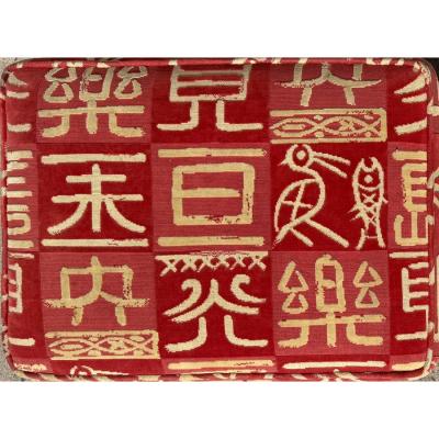  Clarence House Clarence House Kanji Red Chinoiserie Cut Velvet Ottoman