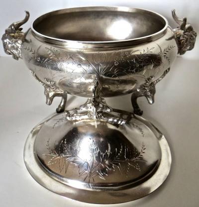  Clive Devenish Antiques Silver Plated Covered Tureen with Deer Ram Motif Circa 1885 Meriden 
