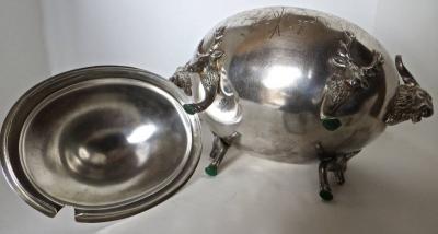  Clive Devenish Antiques Silver Plated Covered Tureen with Deer Ram Motif Circa 1885 Meriden 