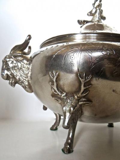  Clive Devenish Antiques Silver Plated Covered Tureen with Deer Ram Motif Circa 1885 Meriden 