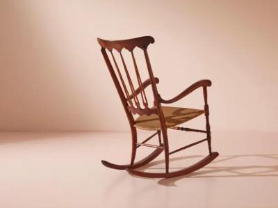  Colombo Sanguineti Colombo Sanguineti rocking chair made of beech and woven straw Chiavari 1940s