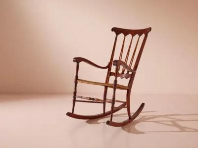  Colombo Sanguineti Colombo Sanguineti rocking chair made of beech and woven straw Chiavari 1940s
