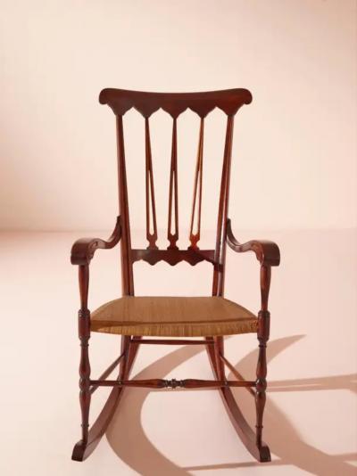  Colombo Sanguineti Colombo Sanguineti rocking chair made of beech and woven straw Chiavari 1940s