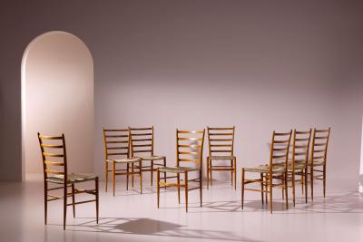  Colombo Sanguineti Set of eight chairs in beech and rope by Colombo Sanguineti Italy 1950s