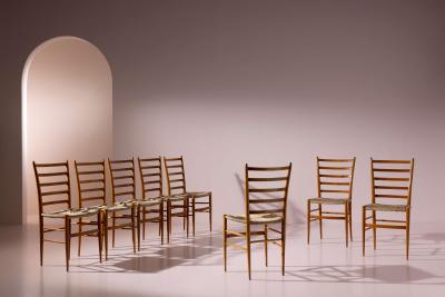  Colombo Sanguineti Set of eight chairs in beech and rope by Colombo Sanguineti Italy 1950s