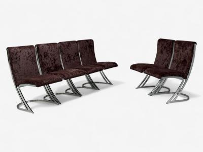  Contemporary Shells Pierre Cardin Chromed Metal Velvet Six Dining Chairs USA 1970s