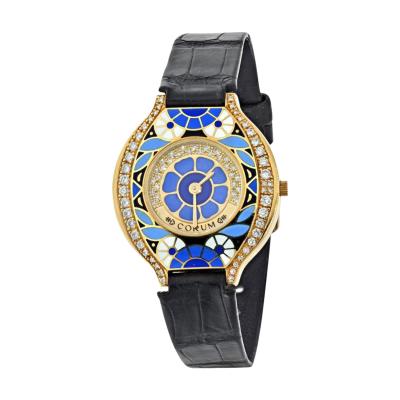  Corum Watch Co CORUM 18K YELLOW GOLD VINTAGE FLOWER ENAMEL DIAMOND LADIES WATCH