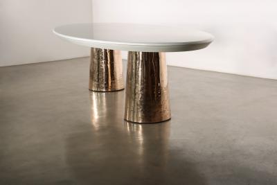  Costantini Design Cast Bronze Lacquered Twin Pedestal Oval Dining Table with Quartz Top Benino
