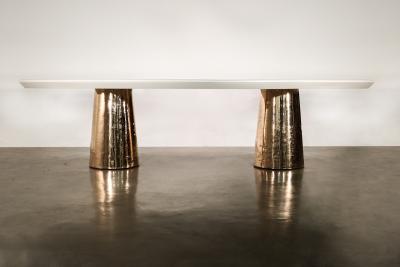 Costantini Design Cast Bronze Lacquered Twin Pedestal Oval Dining Table with Quartz Top Benino