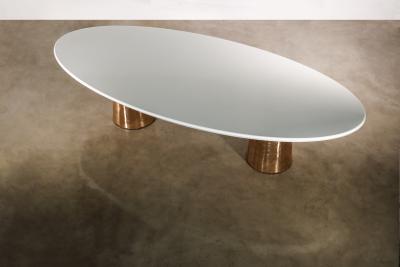  Costantini Design Cast Bronze Lacquered Twin Pedestal Oval Dining Table with Quartz Top Benino