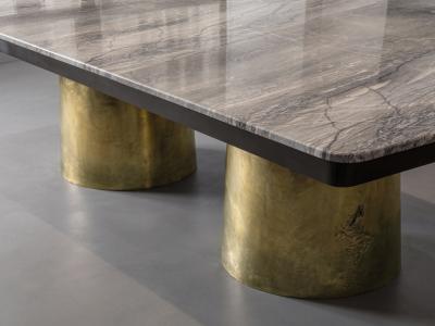  Costantini Design Cast Bronze Twin Pedestal Dining Table with Marble Top by Costantini Benone