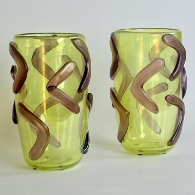  Costantini Murano Late 20th Century Pair of Lemon Yellow w Purple Applications Murano Glass Vases