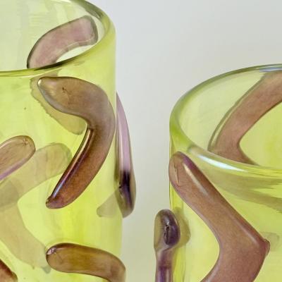  Costantini Murano Late 20th Century Pair of Lemon Yellow w Purple Applications Murano Glass Vases