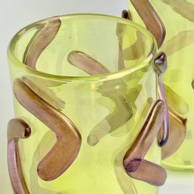  Costantini Murano Late 20th Century Pair of Lemon Yellow w Purple Applications Murano Glass Vases