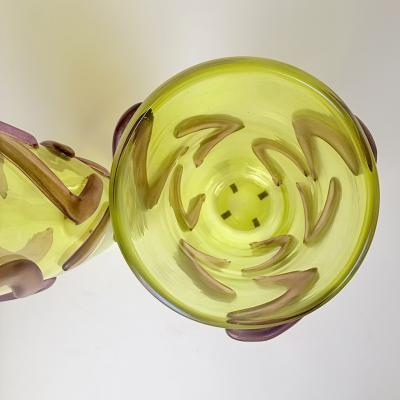  Costantini Murano Late 20th Century Pair of Lemon Yellow w Purple Applications Murano Glass Vases