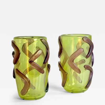  Costantini Murano Late 20th Century Pair of Lemon Yellow w Purple Applications Murano Glass Vases