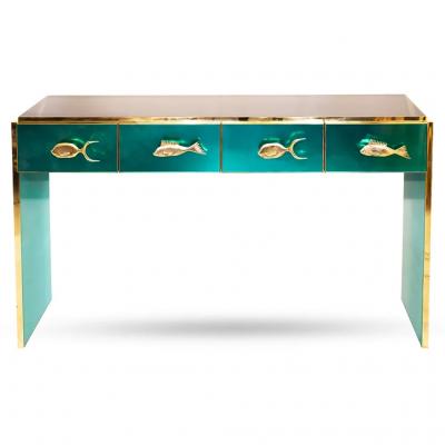  Cosulich Interiors Antiques Bespoke Italian Art Deco Design 4 Drawer White Brass Walnut Console Table Desk