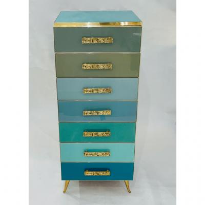  Cosulich Interiors Antiques Bespoke Italian Art Deco Design Blue Taupe Gray Glass 7 Drawer Chest Semainier