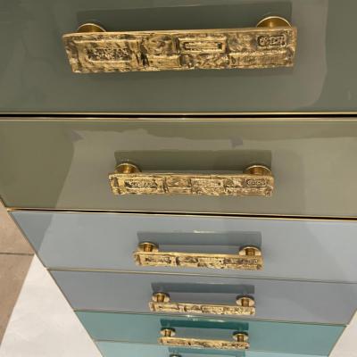  Cosulich Interiors Antiques Bespoke Italian Art Deco Design Blue Taupe Gray Glass 7 Drawer Chest Semainier
