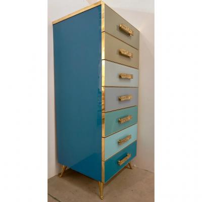  Cosulich Interiors Antiques Bespoke Italian Art Deco Design Blue Taupe Gray Glass 7 Drawer Chest Semainier