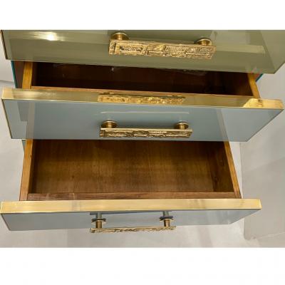  Cosulich Interiors Antiques Bespoke Italian Art Deco Design Blue Taupe Gray Glass 7 Drawer Chest Semainier