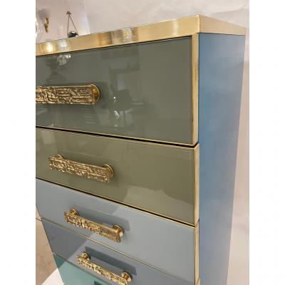  Cosulich Interiors Antiques Bespoke Italian Art Deco Design Blue Taupe Gray Glass 7 Drawer Chest Semainier