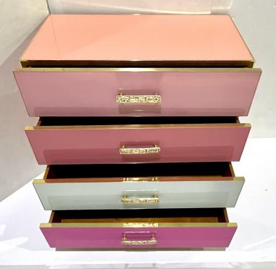 Cosulich Interiors Antiques Bespoke Italian Post Modern Pink Rose Blush White Glass 4 Drawer Semainier Chest