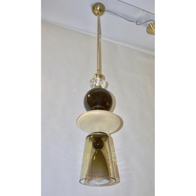  Cosulich Interiors Antiques Contemporary Crystal Black White Smoked Murano Glass Pair of Pendant Lights