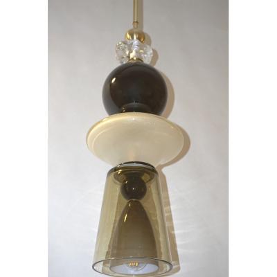  Cosulich Interiors Antiques Contemporary Crystal Black White Smoked Murano Glass Pair of Pendant Lights