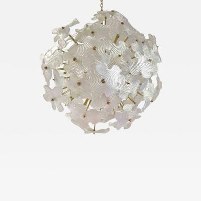  Cosulich Interiors Antiques Contemporary Italian Brass Satin White Murano Glass Flower Sputnik Chandelier