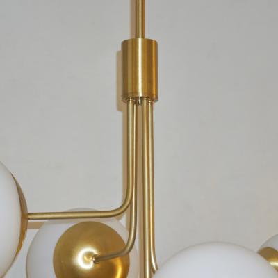  Cosulich Interiors Antiques Contemporary Italian Modern Satin Brass 4 White Murano Glass Globe Chandelier