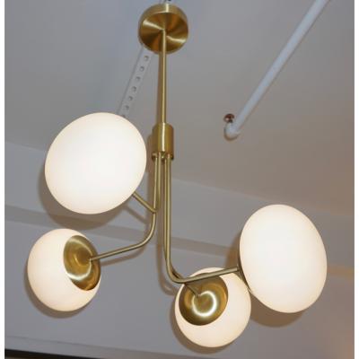  Cosulich Interiors Antiques Contemporary Italian Modern Satin Brass 4 White Murano Glass Globe Chandelier