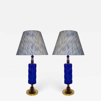  Cosulich Interiors Antiques Contemporary Italian Pair of Brass and Cobalt Blue Murano Glass Table Lamps