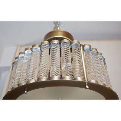  Cosulich Interiors Antiques Italian Antique Bronze Finish Crystal Murano Glass Flush mount Drum Chandelier