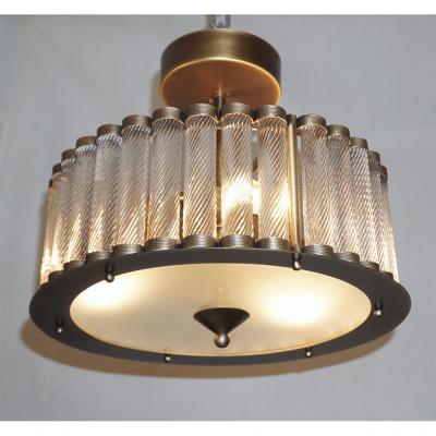  Cosulich Interiors Antiques Italian Antique Bronze Finish Crystal Murano Glass Flush mount Drum Chandelier
