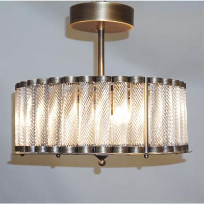  Cosulich Interiors Antiques Italian Antique Bronze Finish Crystal Murano Glass Flush mount Drum Chandelier