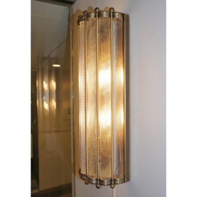  Cosulich Interiors Antiques Italian Art Deco Design Crystal Murano Glass Half Moon Bronze Sconces