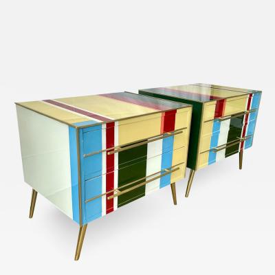  Cosulich Interiors Antiques Italian Custom Pair of Mondrian Style Blue Green Yellow Glass Chests End Tables