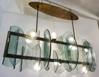 Cosulich Interiors Antiques Italian Modern Fontana Arte Style Aqua Murano Glass Geometric Bronze Chandelier
